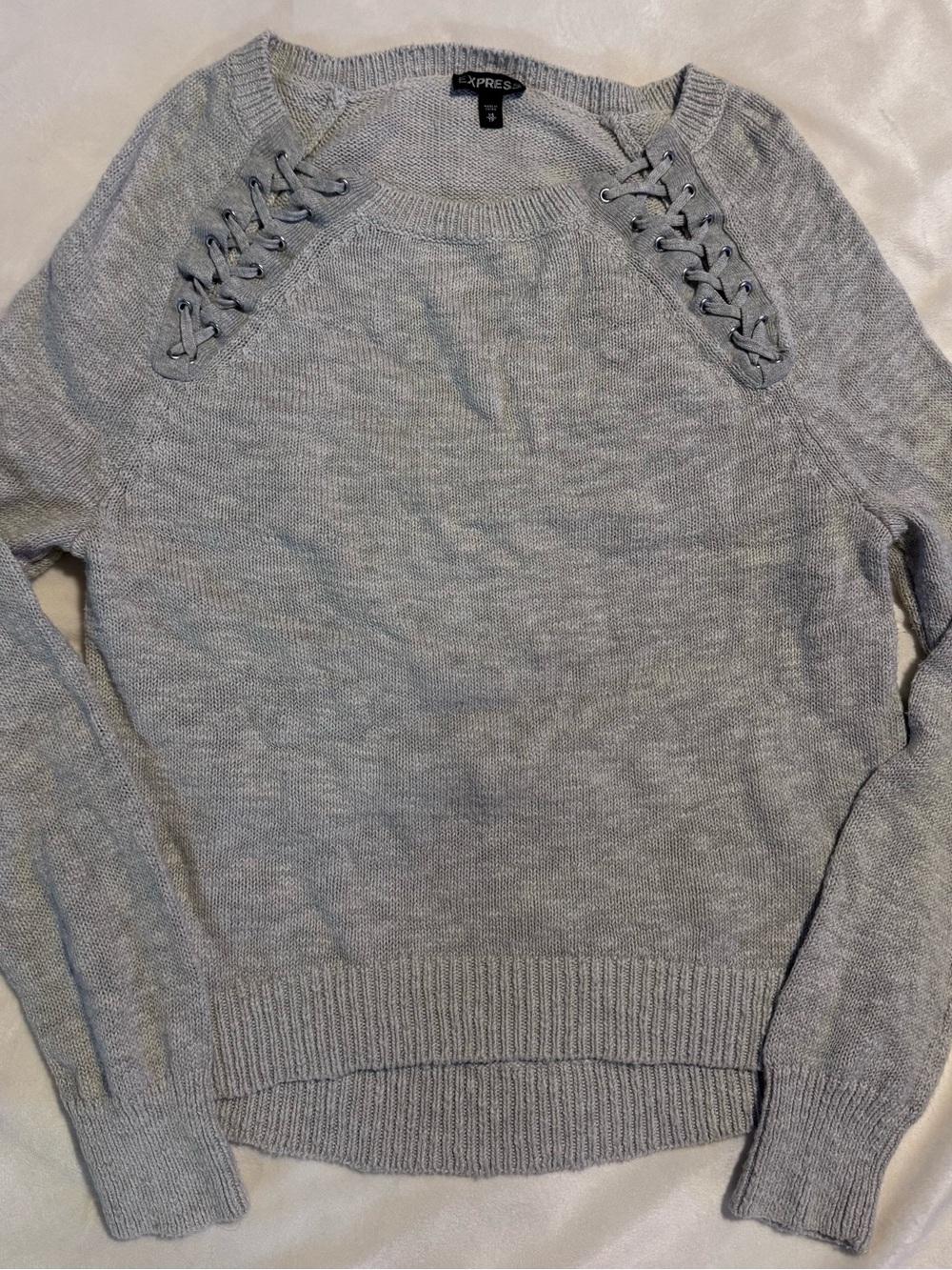 Express Light Gray Knit Sweater with Embroidered Brand Tag